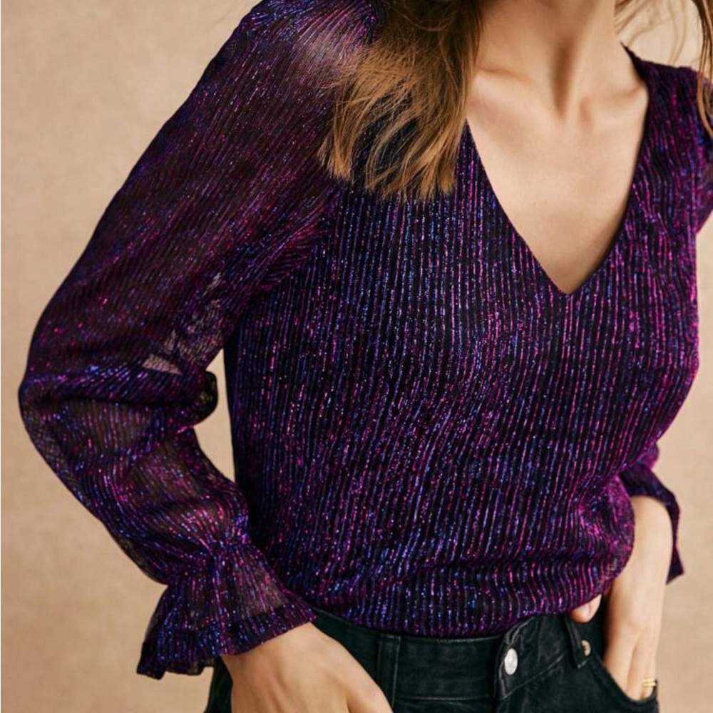 SHEIN Purple Ribbed Puff Sleeve Blouse